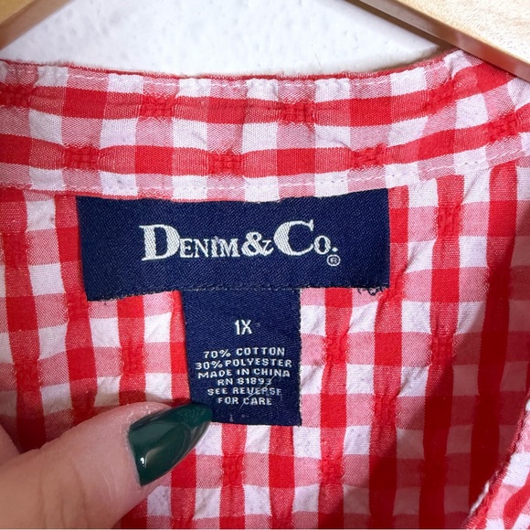 Denim&Co Red white Checkered gingham Shirt top sz 1x cotton long sleeve check - Picture 2 of 6